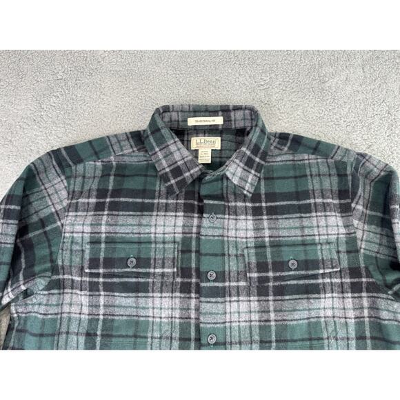 LL Bean Shirt Men Large Green Plaid Chamois Flannel Vintage Heavyweight Trad Fit - Picture 2 of 15